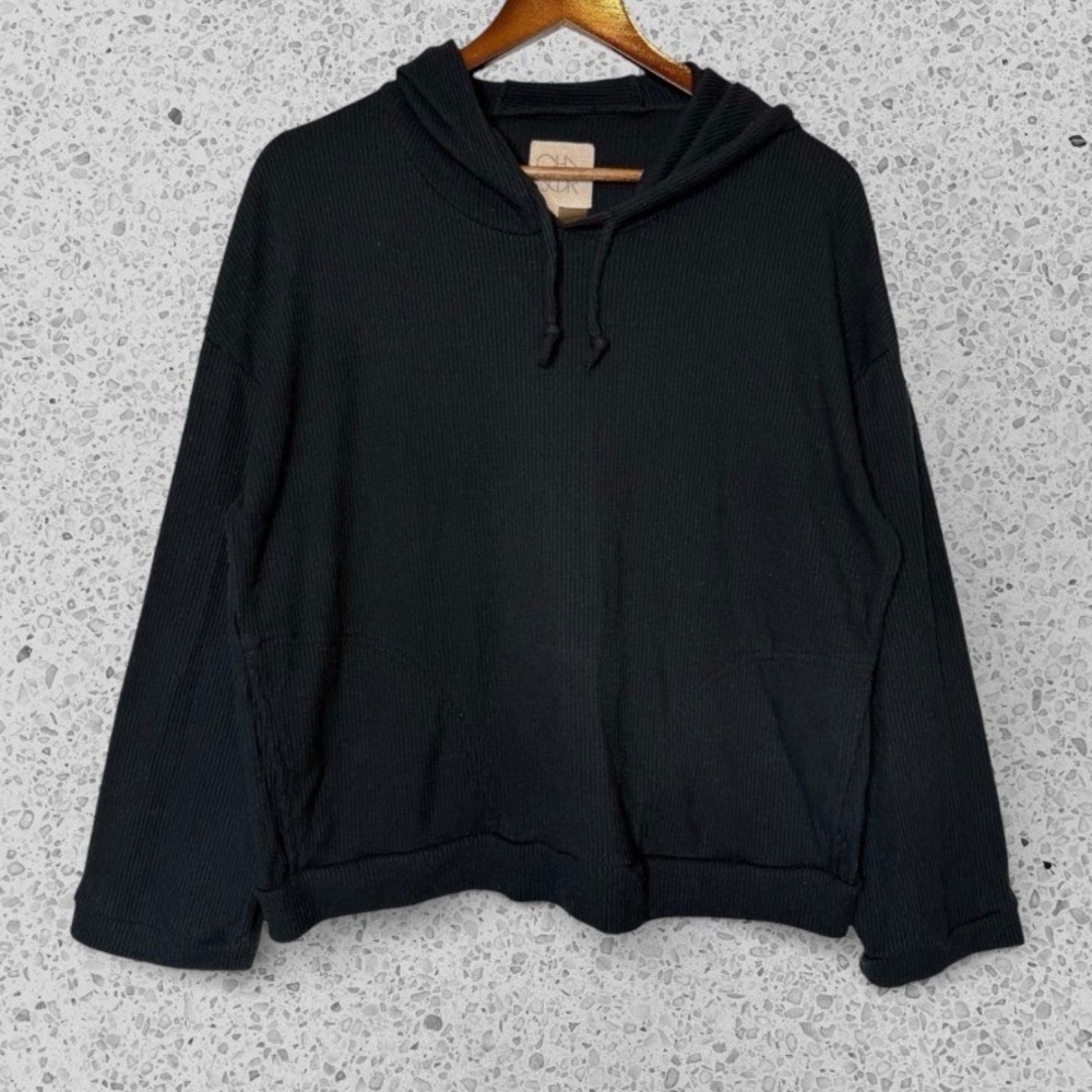 Chaser Rib Knit Boxy Oversized Hoodie with Pockets Cozy Black size Large